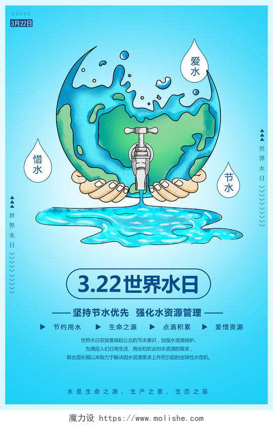 蓝色简约3月22日世界水日宣传海报世界节水日